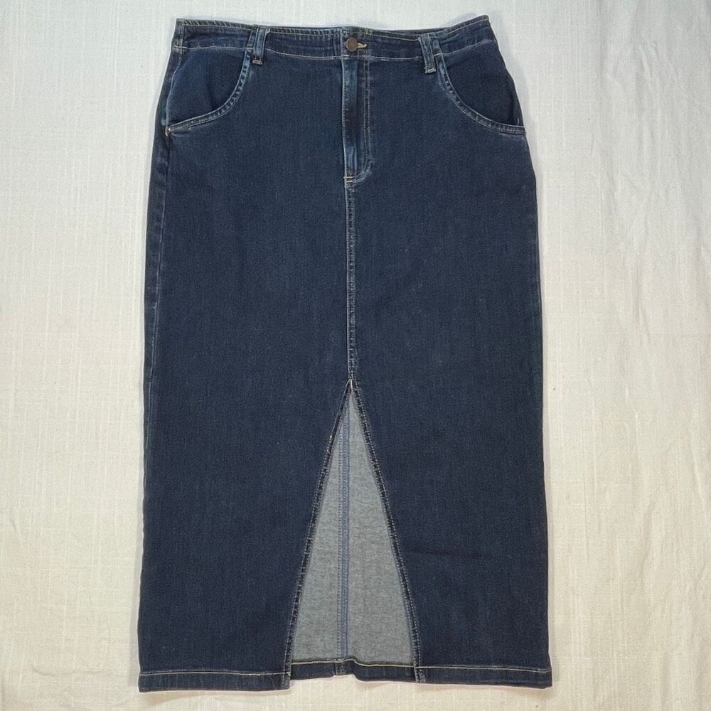 Wash Lab Blue Classic Denim Daily Front Slit Pencil Midi Skirt Size 31
